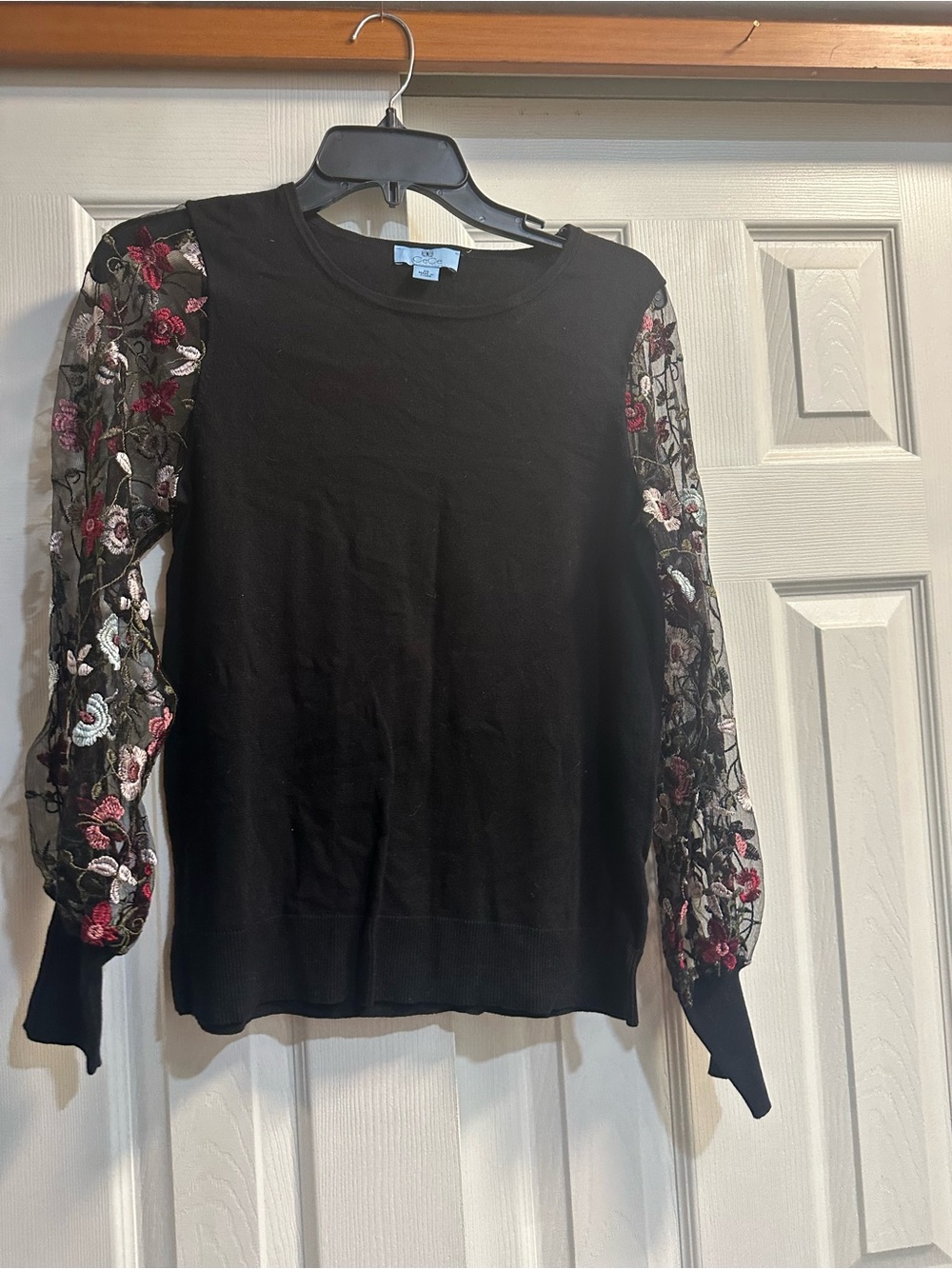 CeCe Black Sweater with Sheer Floral-Embroidered Sleeves